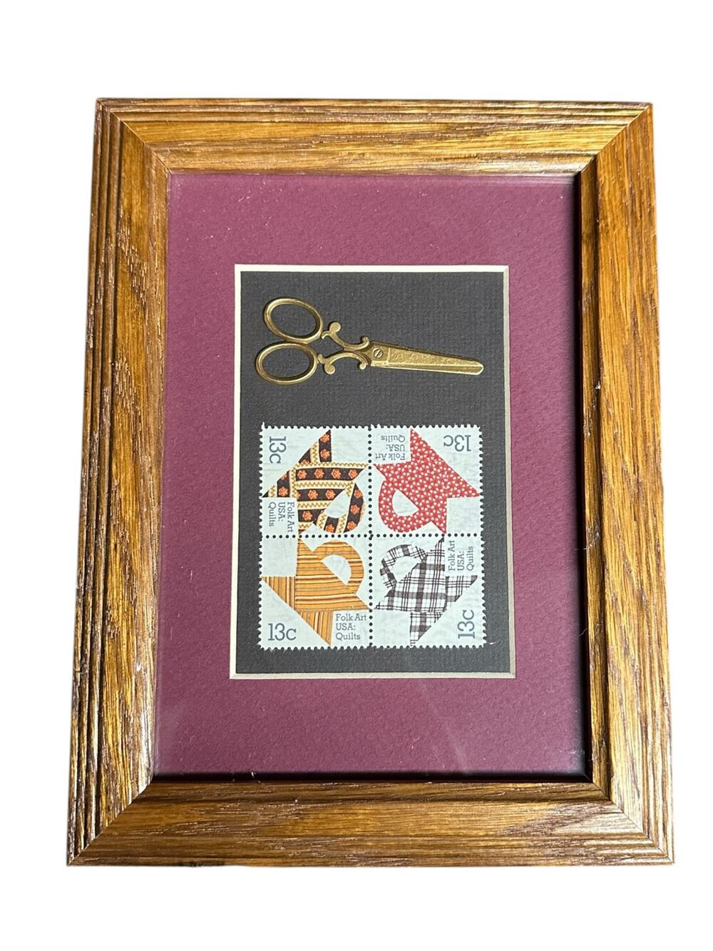 Decorative Framed Quilt Art. Scissors and US Postage Stamps. Cute!
